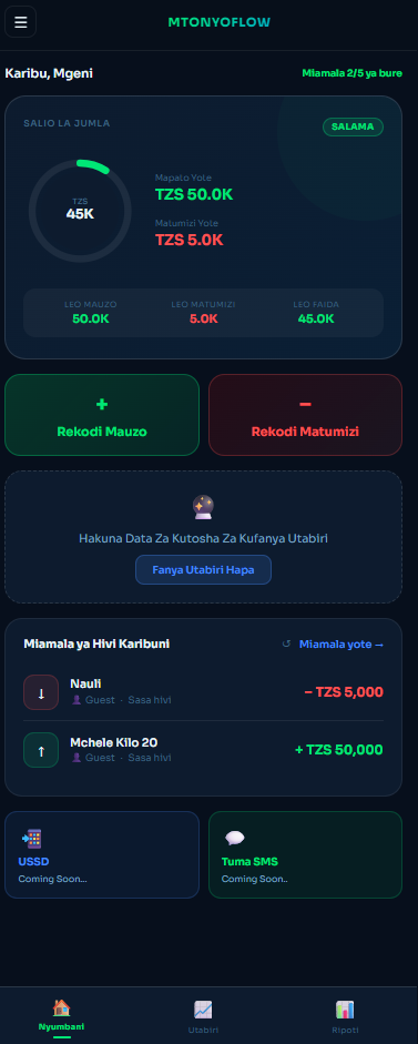 MtonyoFLow dashboard on phone